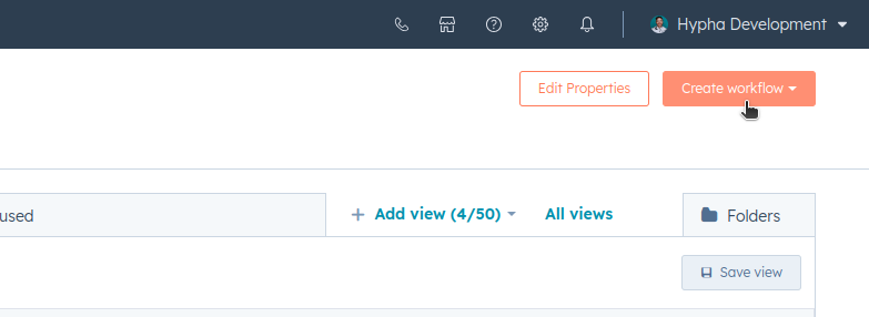A screenshot of the create workflow button in hubspot