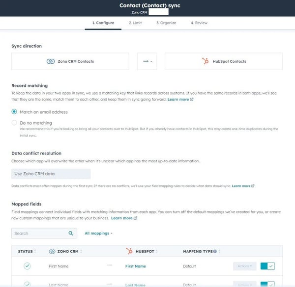 Screenshot of the native HubSpot/Zoho Integration