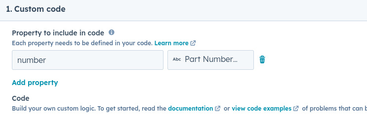 Property to include in code section screenshot from HubSpot