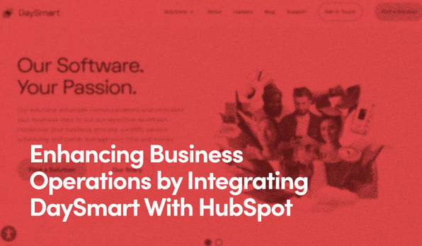 'Enhancing Business Operations by Integrating DaySmart With HubSpot' text on red background of a DaySmart screenshot