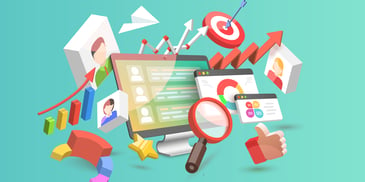 Illustration of computer with bar and circle charts floating around along with magnifying glass, user picture and analytic icons