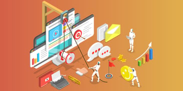 Illustration of artificial intelligence creating and distributing web content with a typewriter megaphone and computer.