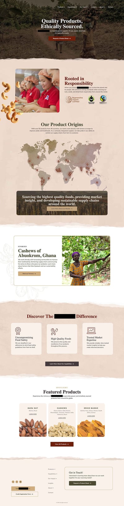 CPG website after screenshots. Updated design clarified site messaging, placed strategic CTAs, added a stories page and update the graphics to be warm and rustic, conveying a sense of authority for the brand.