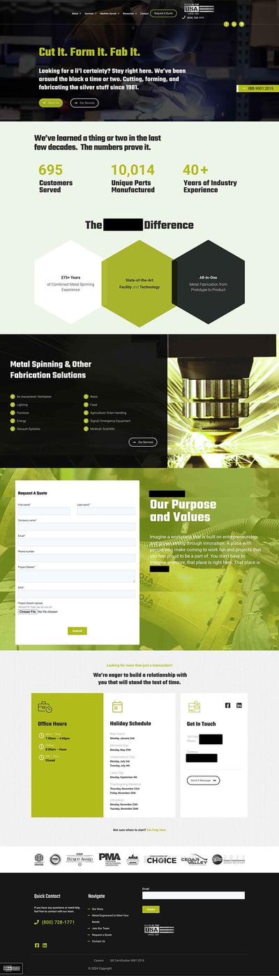 Metal components website before screenshot. Original website had its essential technical terms hidden beneath marketing language, multiple competing design elements creating visual confusion, an unclear presentation of capabilities and certifications and poor search visibility for key industry terms