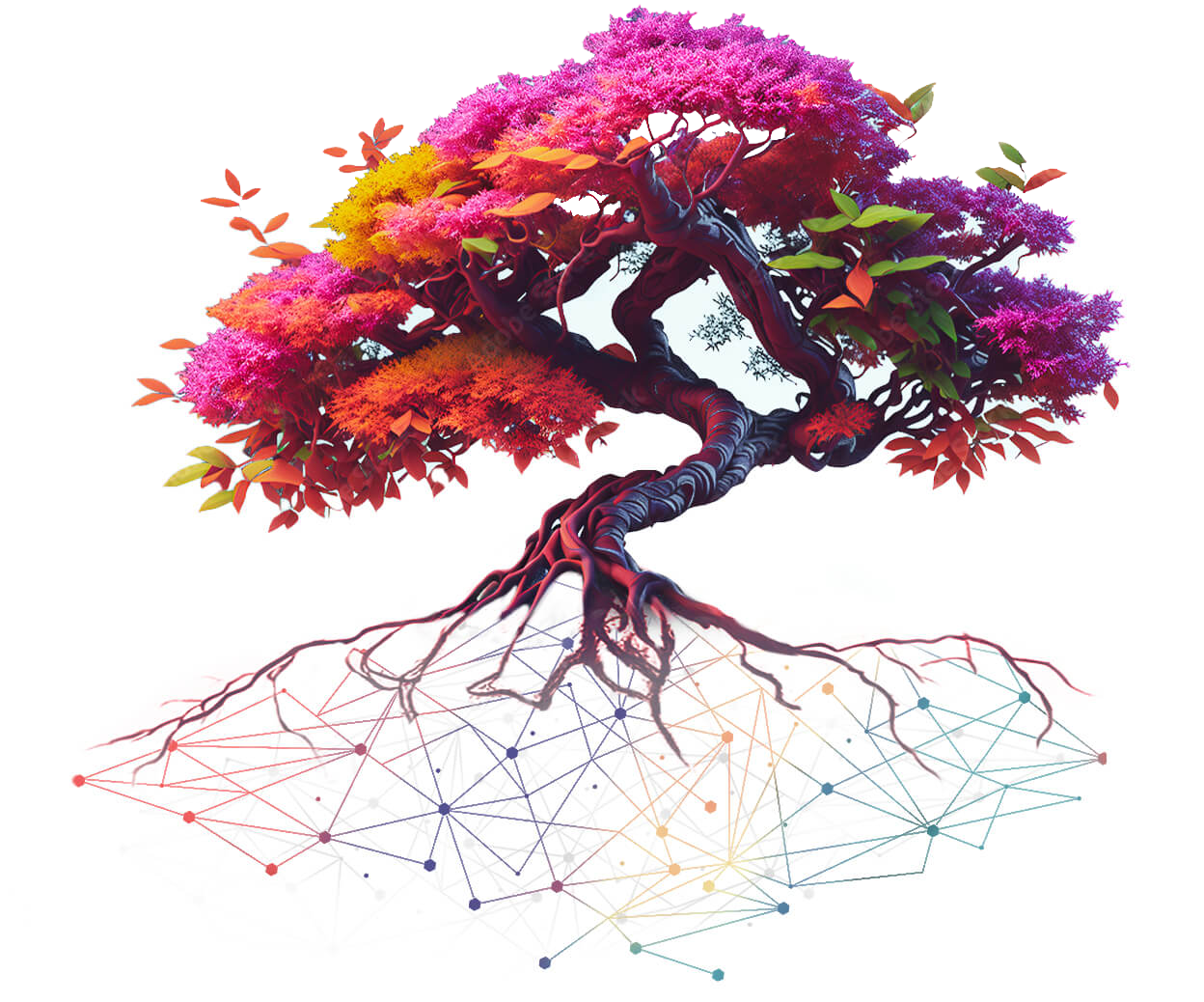 Multicolored tree with roots that turn into colorful tech-style lines and dots.