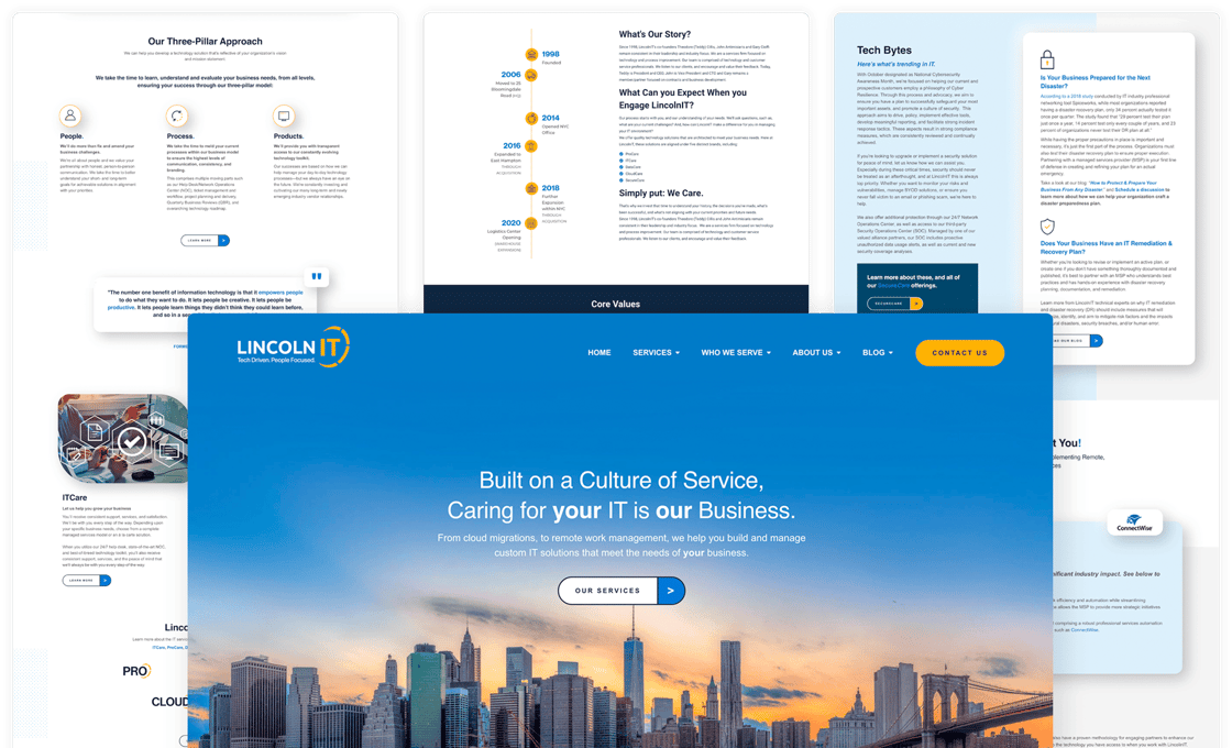 Large screenshot of Lincoln IT website with other screenshots behind it