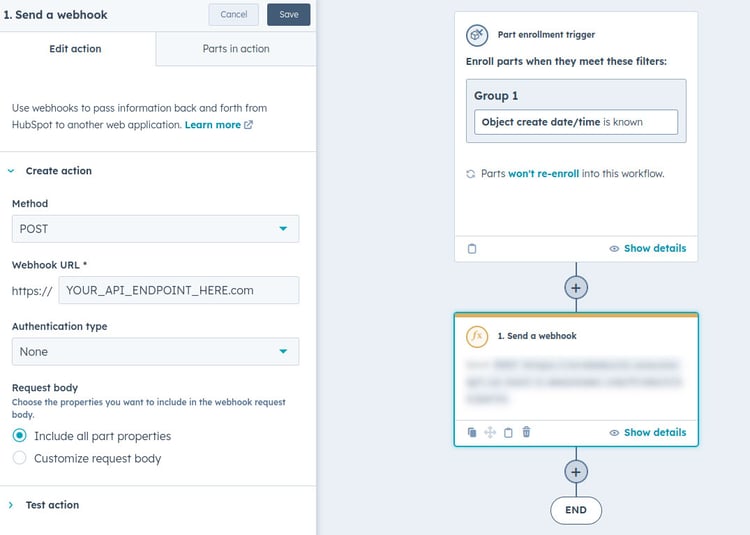 HubSpot Workflow with webhook action panel allowing for Method, URL, Auth type and Request body