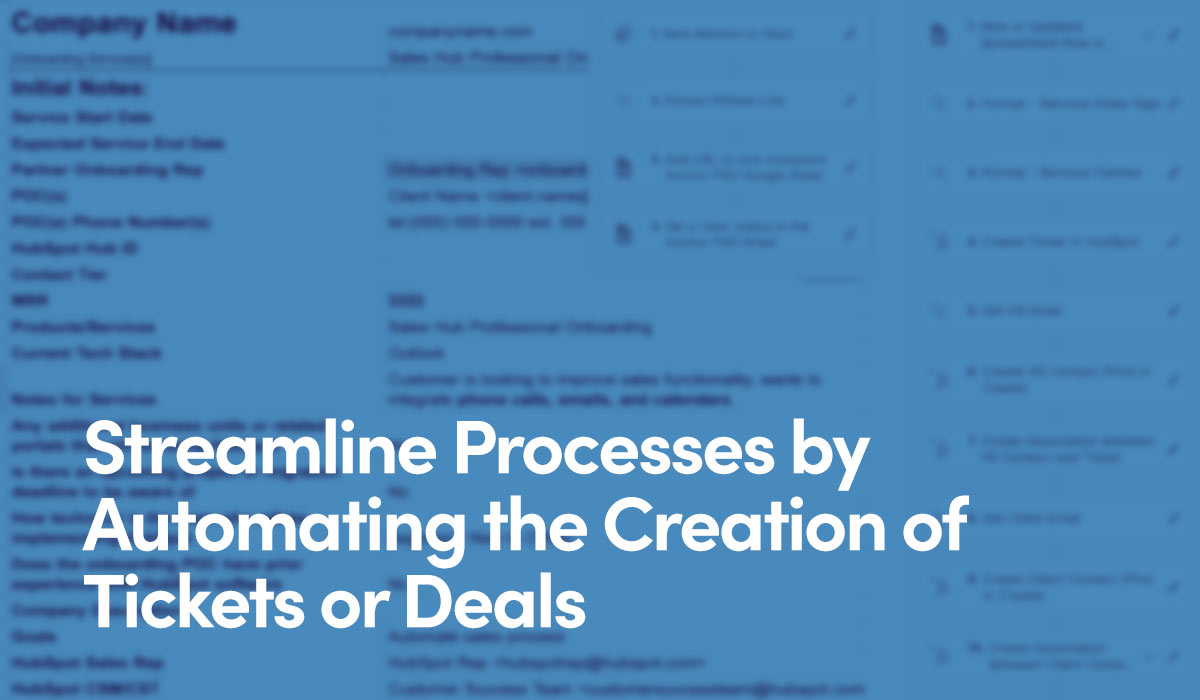 Streamline Processes by Automating the Creation of Tickets or Deals text on blue background with screenshots of Google Sheets and Zapier.